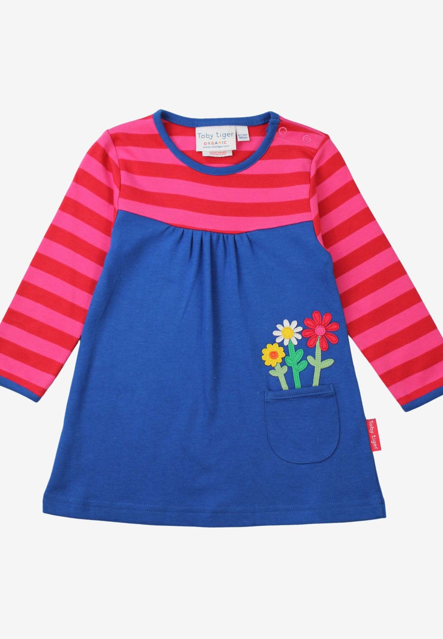 Premium kids organic cotton long sleeve dress with floral applique, festive dark blue and pink striped bodice, daisy pocket detail by Toby Tiger at brixbailey.com