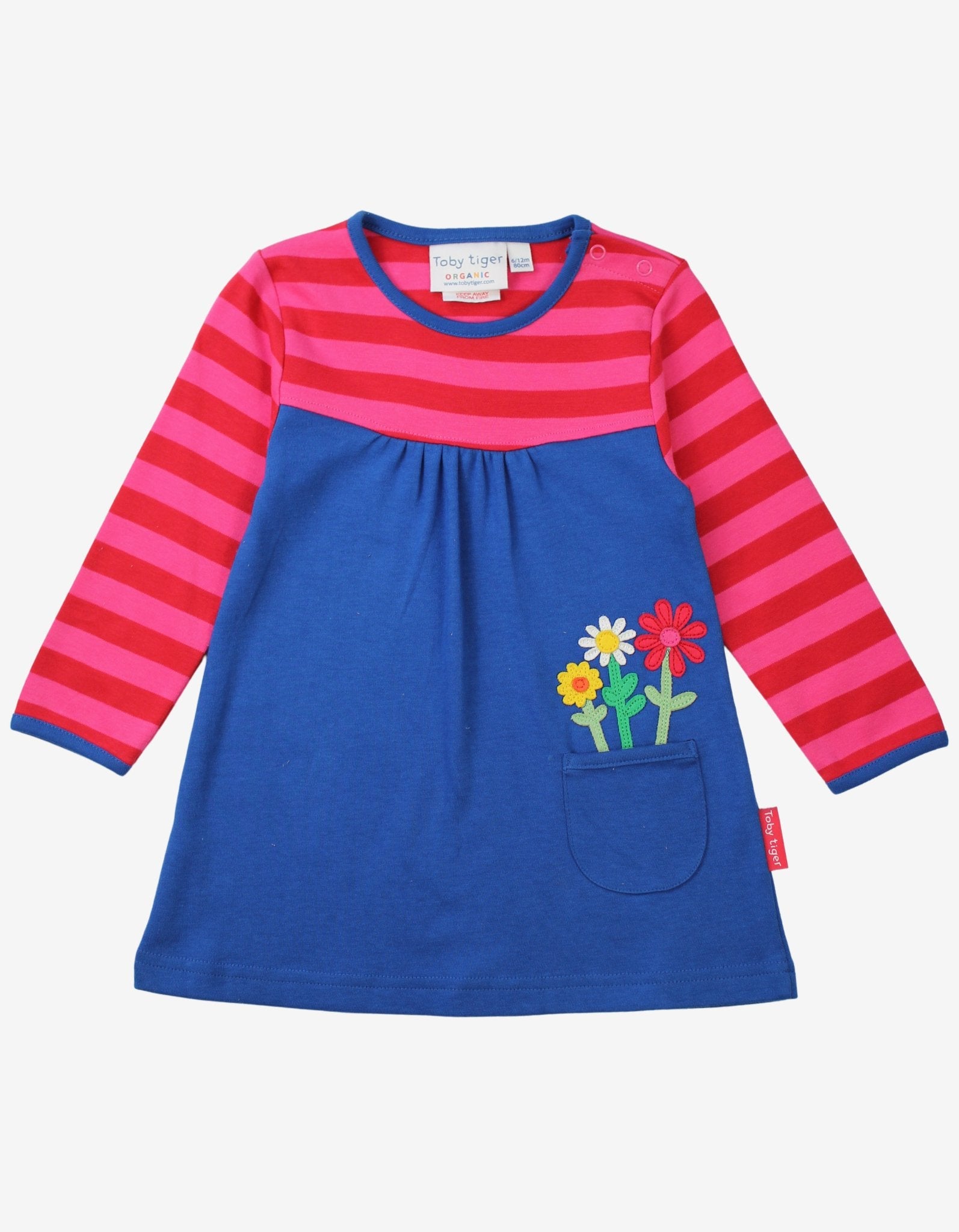 Premium dark blue kids dress with pink striped yoke, floral applique, organic cotton, festive and stylish long sleeve design by Toby Tiger at brixbailey.com