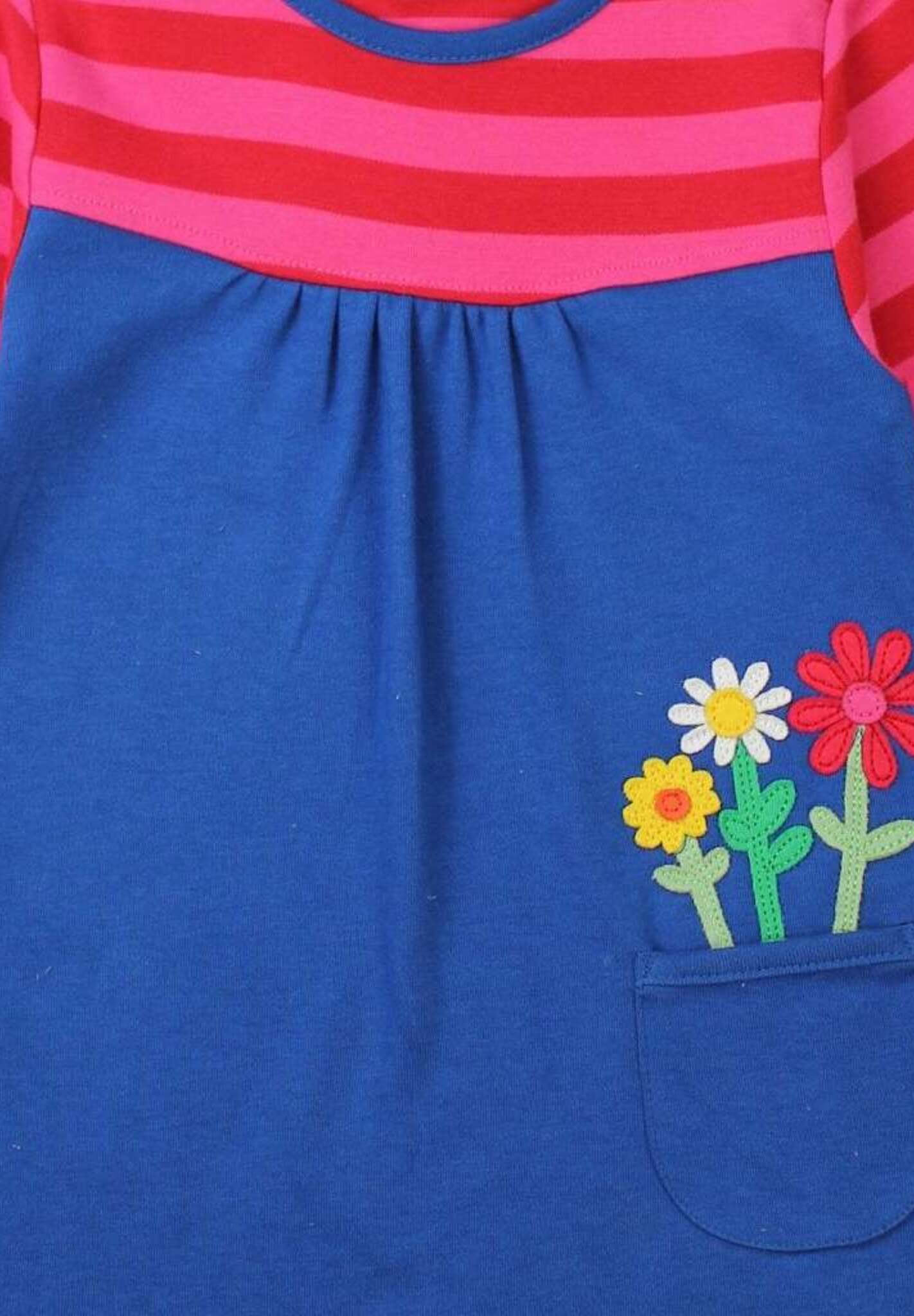 Luxury festive dark blue kids dress with bright pink striped yoke, colorful daisy applique, organic cotton long sleeves by Toby Tiger at brixbailey.com