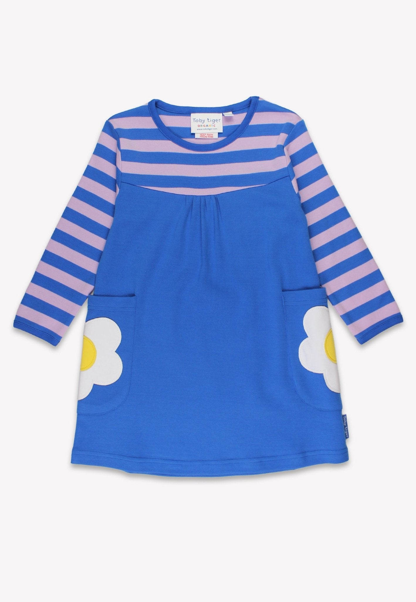 Premium organic cotton kids long sleeve dress with daisy applique, blue and lilac striped bodice, soft sustainable fabric, GOTS certified by Toby Tiger at brixbailey.com