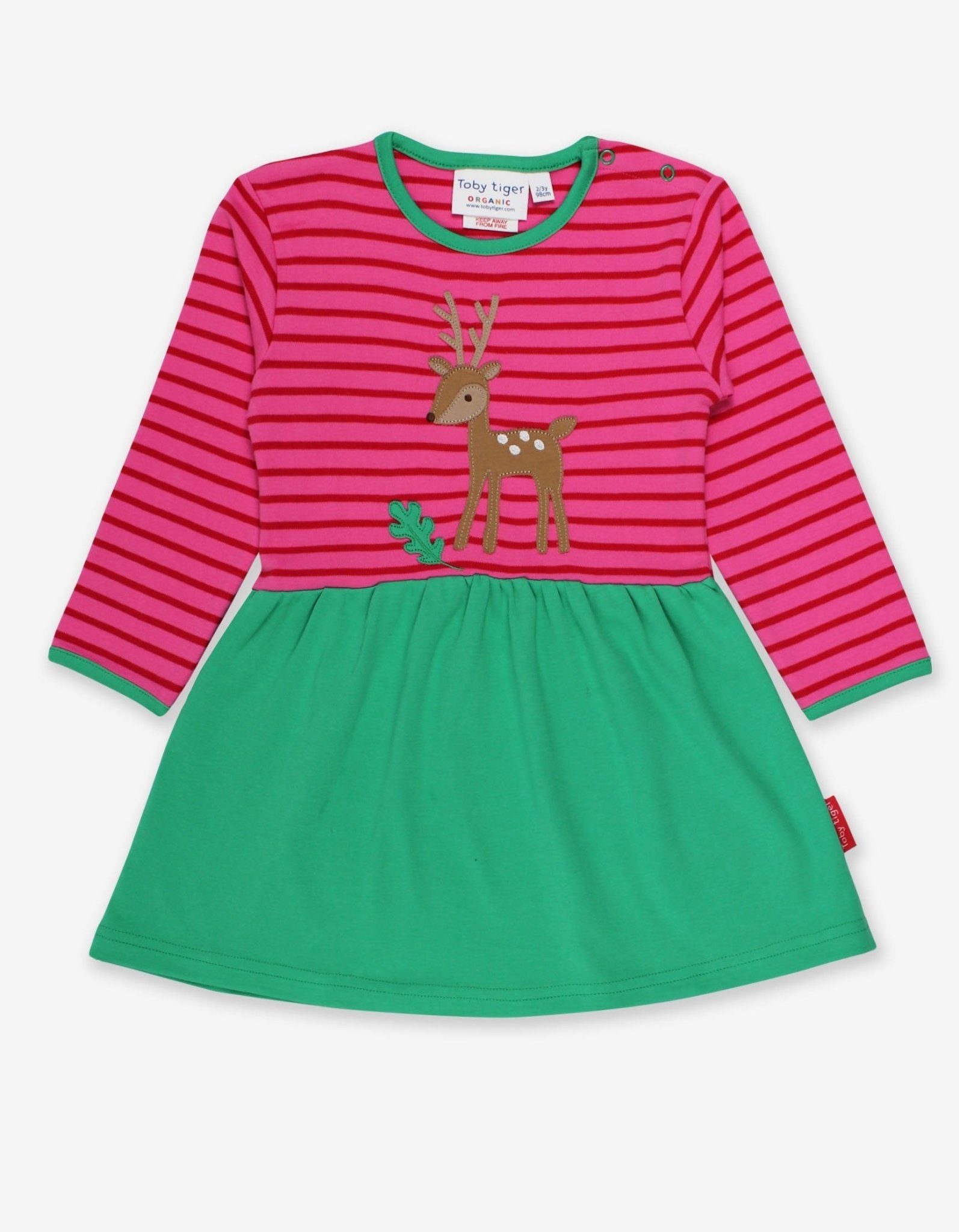 Charming Green and Pink Striped Organic Cotton Baby Dress with Deer Applique and Mushroom Detail by Toby Tiger at brixbailey.com