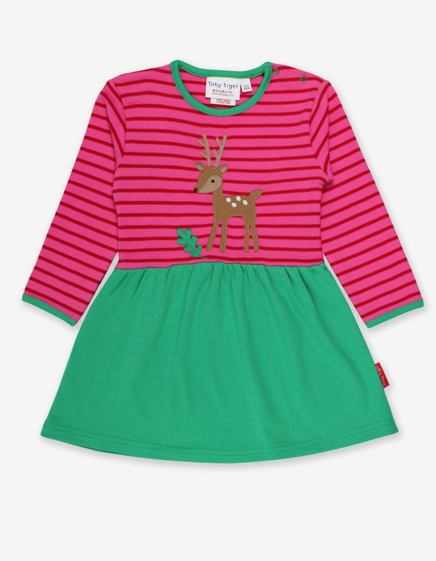 Charming Green and Pink Striped Organic Cotton Baby Dress with Deer Applique and Mushroom Detail by Toby Tiger at brixbailey.com