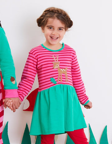 Charming Green and Pink Striped Organic Cotton Baby Dress with Deer Applique and Mushroom Detail by Toby Tiger at brixbailey.com
