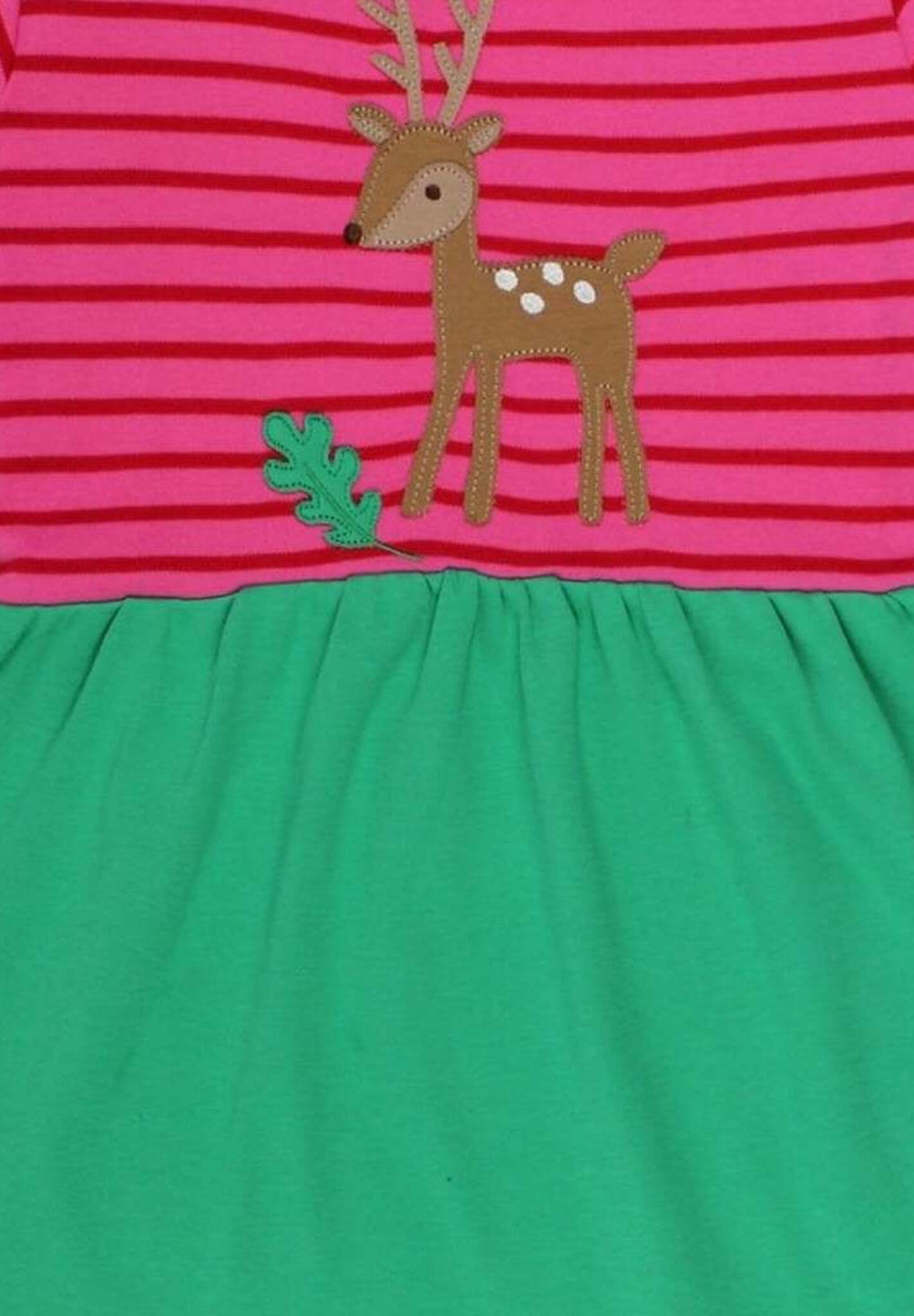 Charming Green and Pink Striped Organic Cotton Baby Dress with Deer Applique and Mushroom Detail by Toby Tiger at brixbailey.com