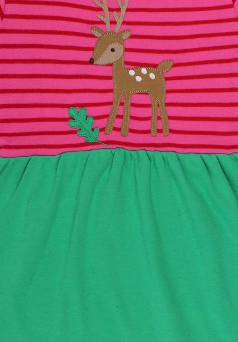 Charming Green and Pink Striped Organic Cotton Baby Dress with Deer Applique and Mushroom Detail by Toby Tiger at brixbailey.com