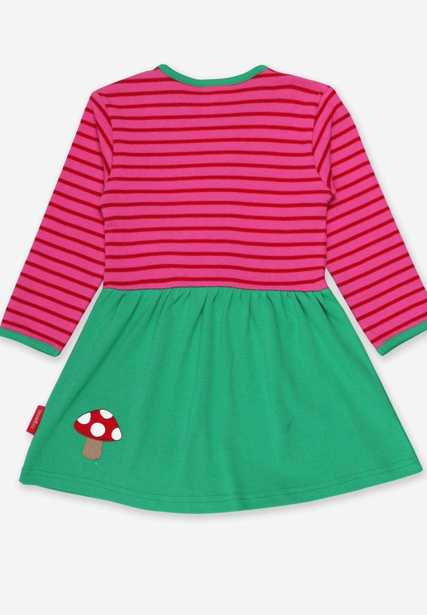 Charming Green and Pink Striped Organic Cotton Baby Dress with Deer Applique and Fly Agaric Detail by Toby Tiger at brixbailey.com