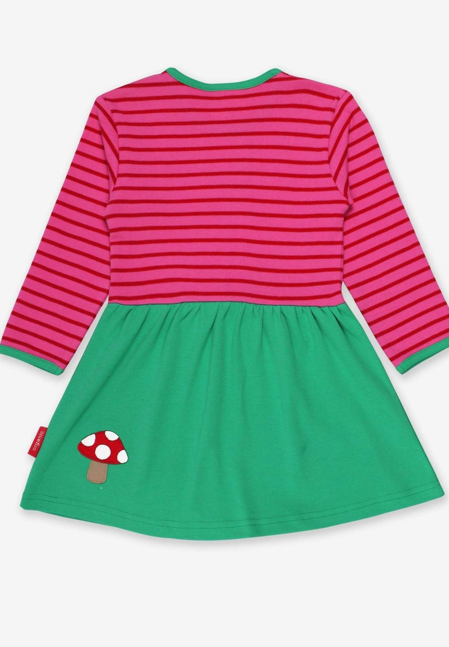 Charming Green and Pink Striped Organic Cotton Baby Dress with Deer Applique and Fly Agaric Detail by Toby Tiger at brixbailey.com
