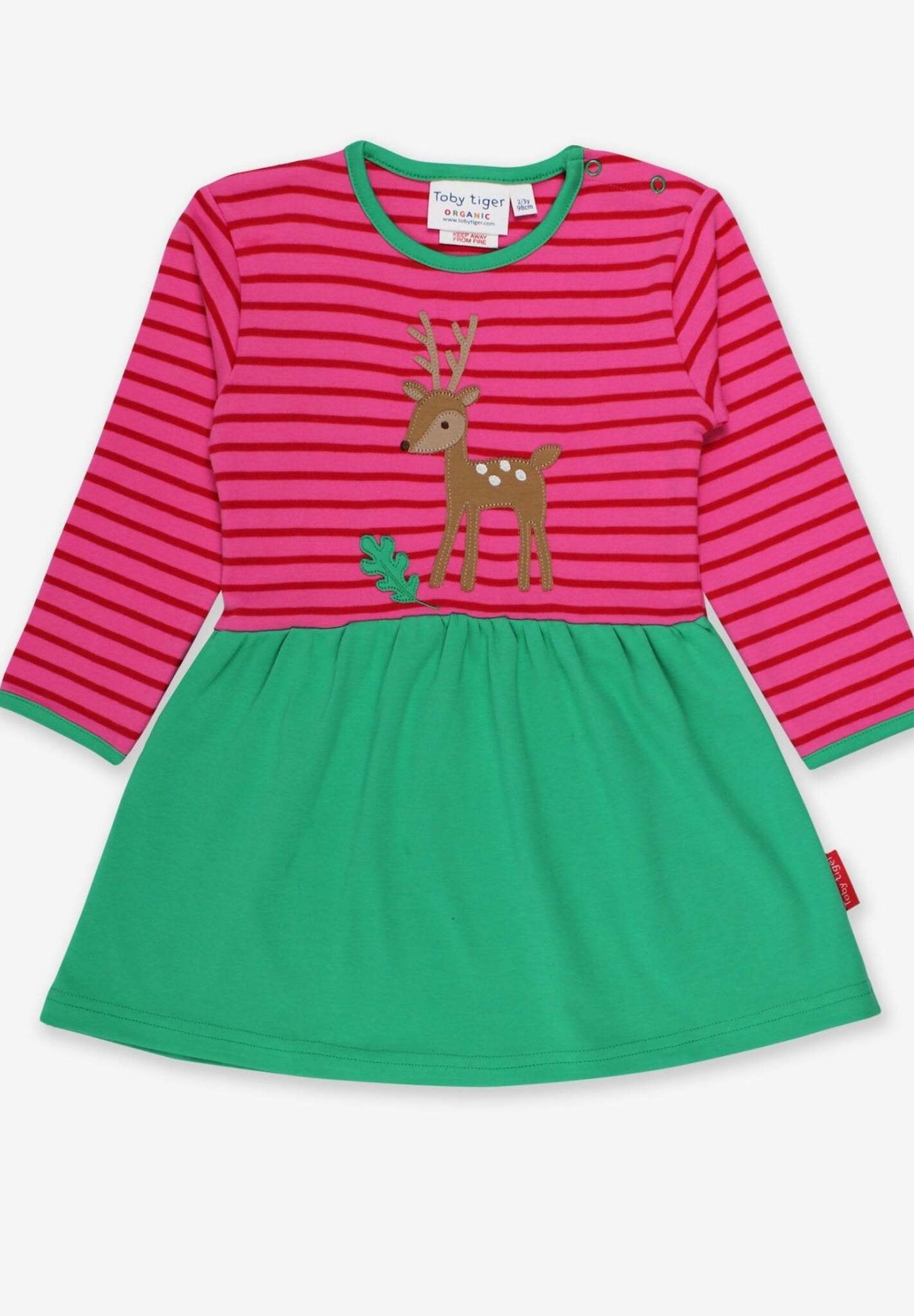 Charming Green and Pink Striped Organic Cotton Baby Dress with Deer Applique and Fly Agaric Detail by Toby Tiger at brixbailey.com