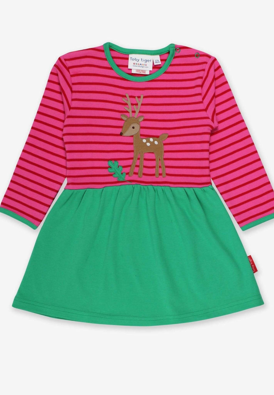 Charming Green and Pink Striped Organic Cotton Baby Dress with Deer Applique and Fly Agaric Detail by Toby Tiger at brixbailey.com