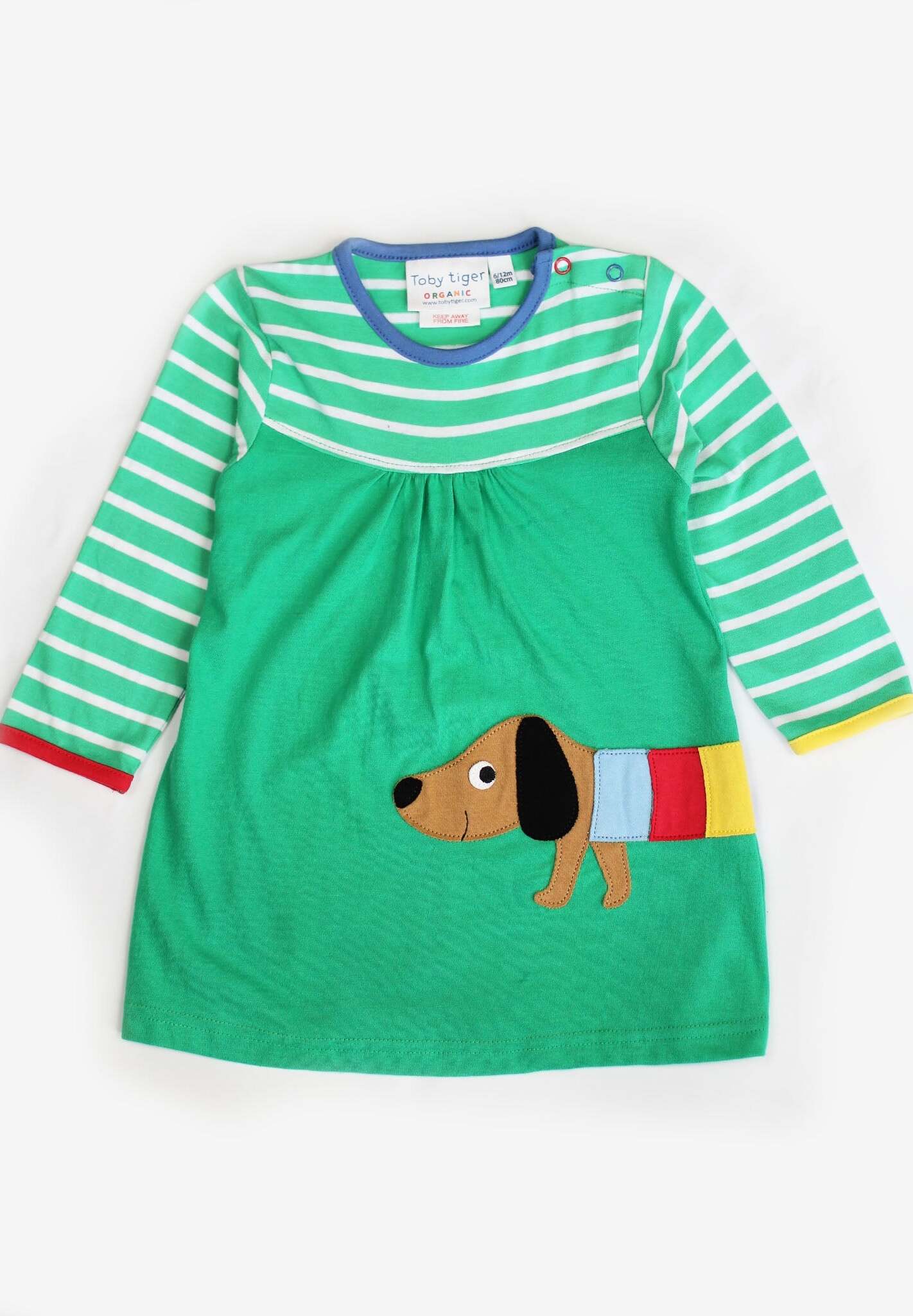 Adorable Green Striped Dachshund Dog T-Shirt Dress for Babies, Soft Organic Cotton, Machine Washable by Toby Tiger at brixbailey.com