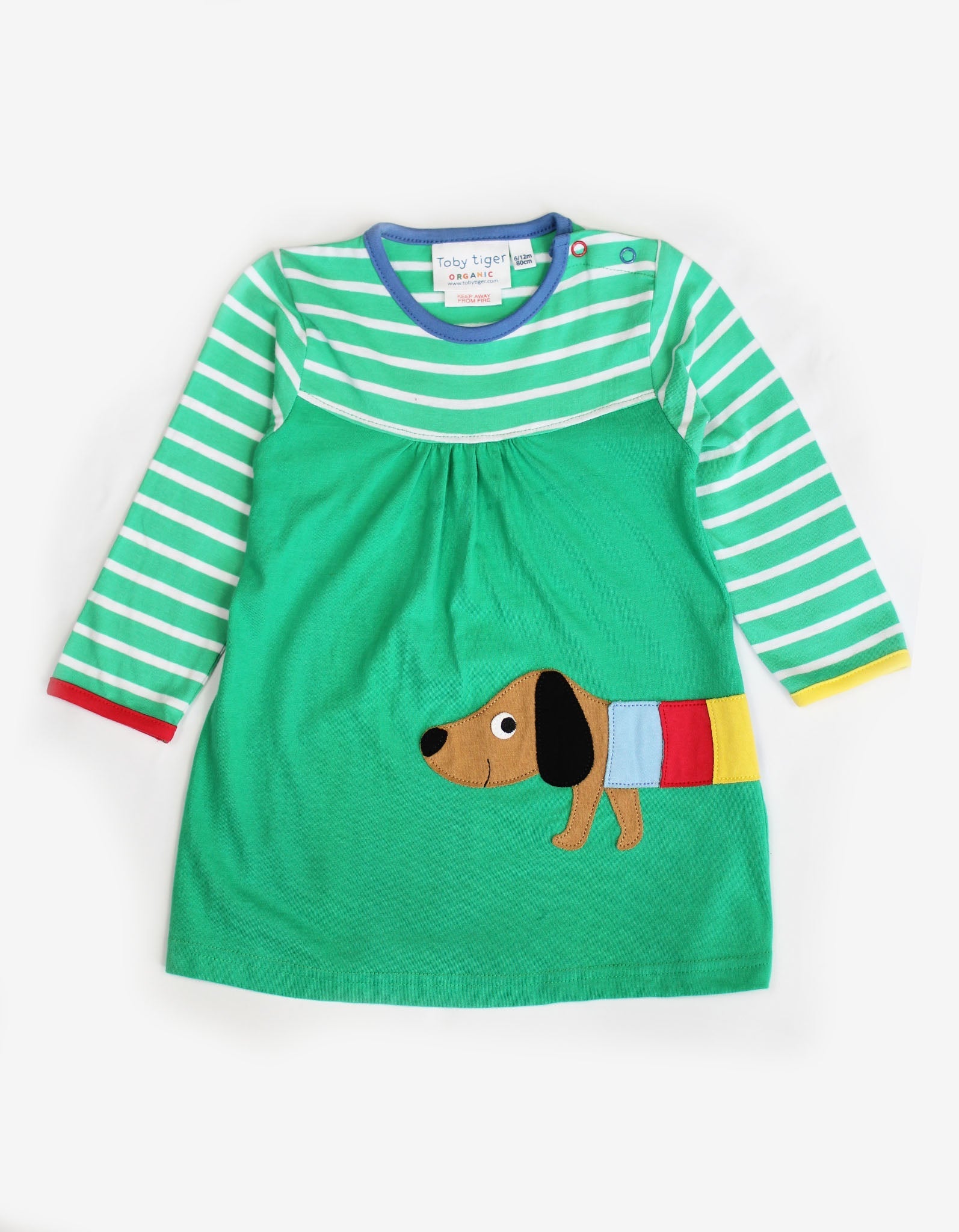 Adorable Green Striped Dachshund Dog T-Shirt Dress for Babies, Soft Organic Cotton, Machine Washable by Toby Tiger at brixbailey.com