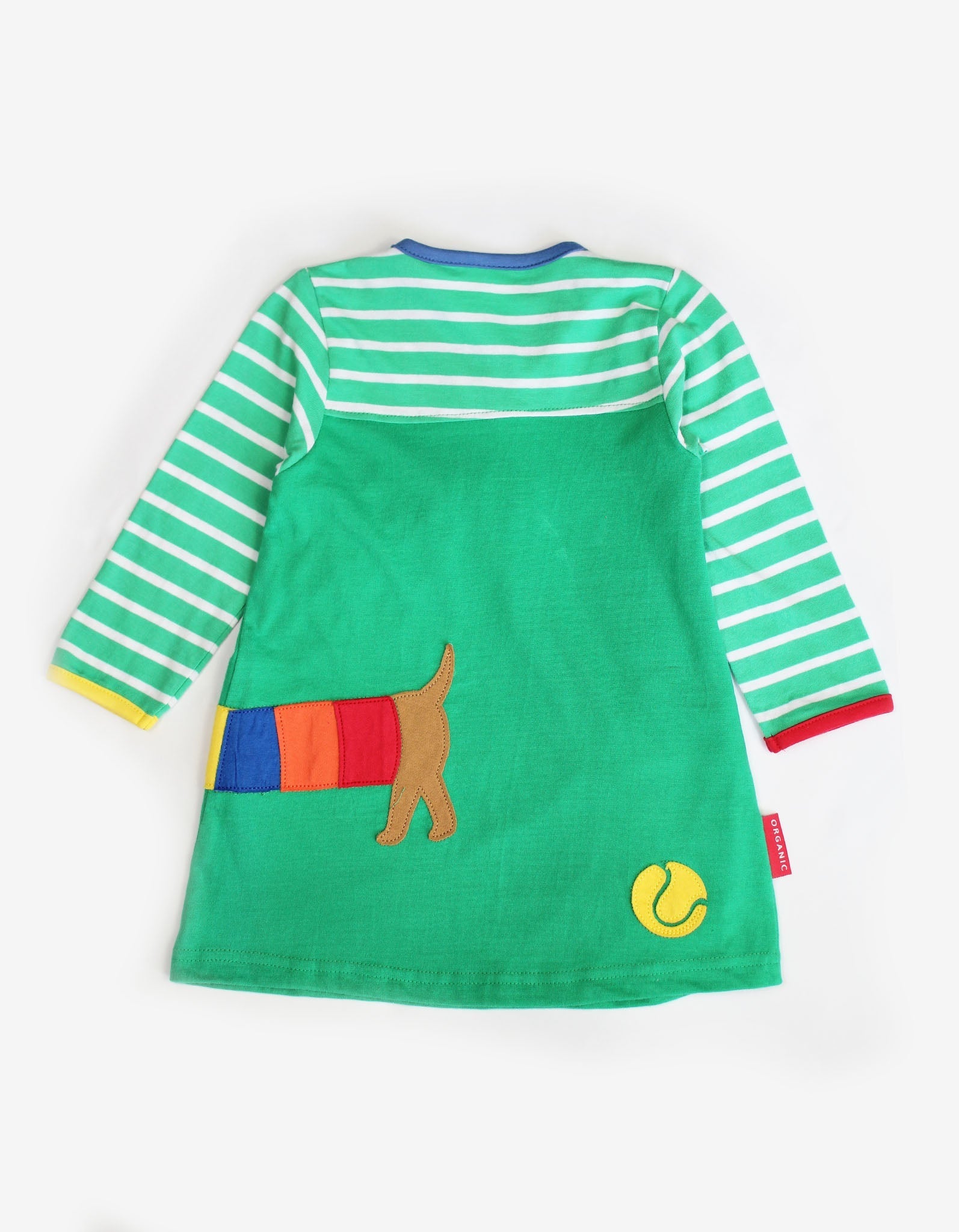 Adorable Green Striped Dachshund Dog Print Baby Dress with Soft Organic Cotton and Back Applique by Toby Tiger at brixbailey.com