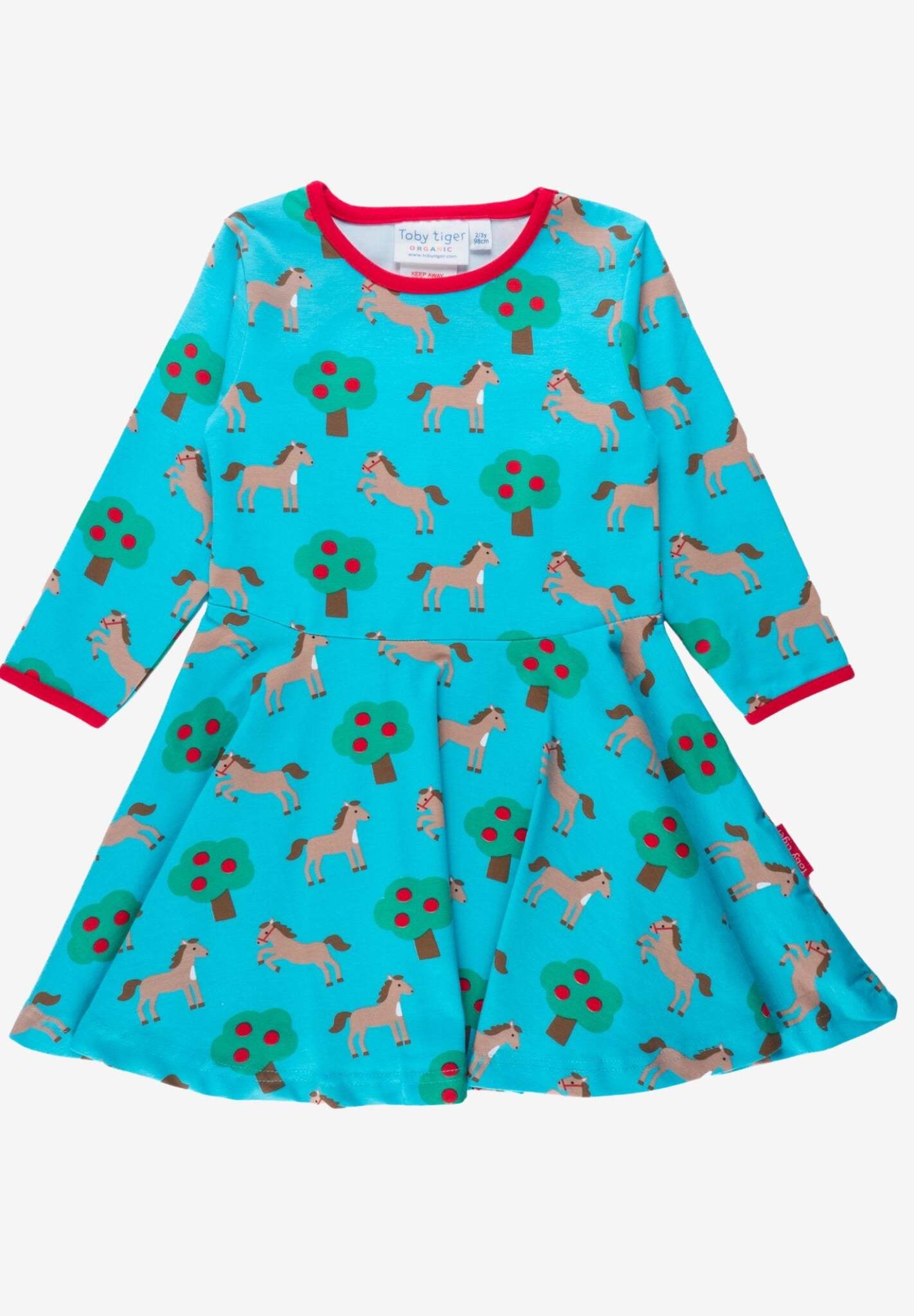 Premium Turquoise Skater Dress with Horse and Apple Tree Print, Organic Cotton Long Sleeve for Babies 6-24 Months, Eco-Friendly Dye by Toby Tiger at brixbailey.com