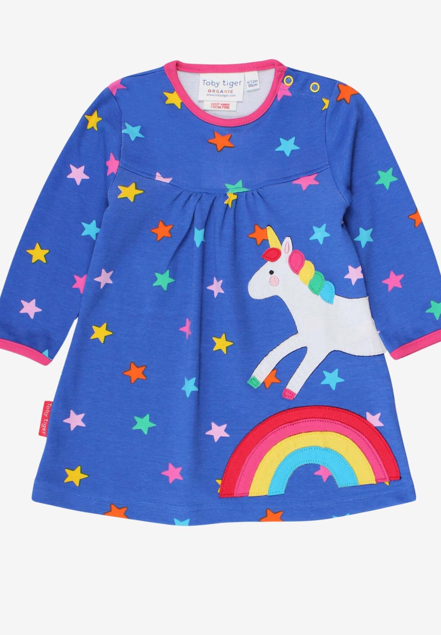 Dreamy Rainbow Unicorn and Starry Sky Organic Cotton Dress for Babies and Toddlers with Snap Buttons by Toby Tiger at brixbailey.com