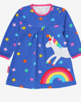 Dreamy Rainbow Unicorn and Starry Sky Organic Cotton Dress for Babies and Toddlers with Snap Buttons by Toby Tiger at brixbailey.com