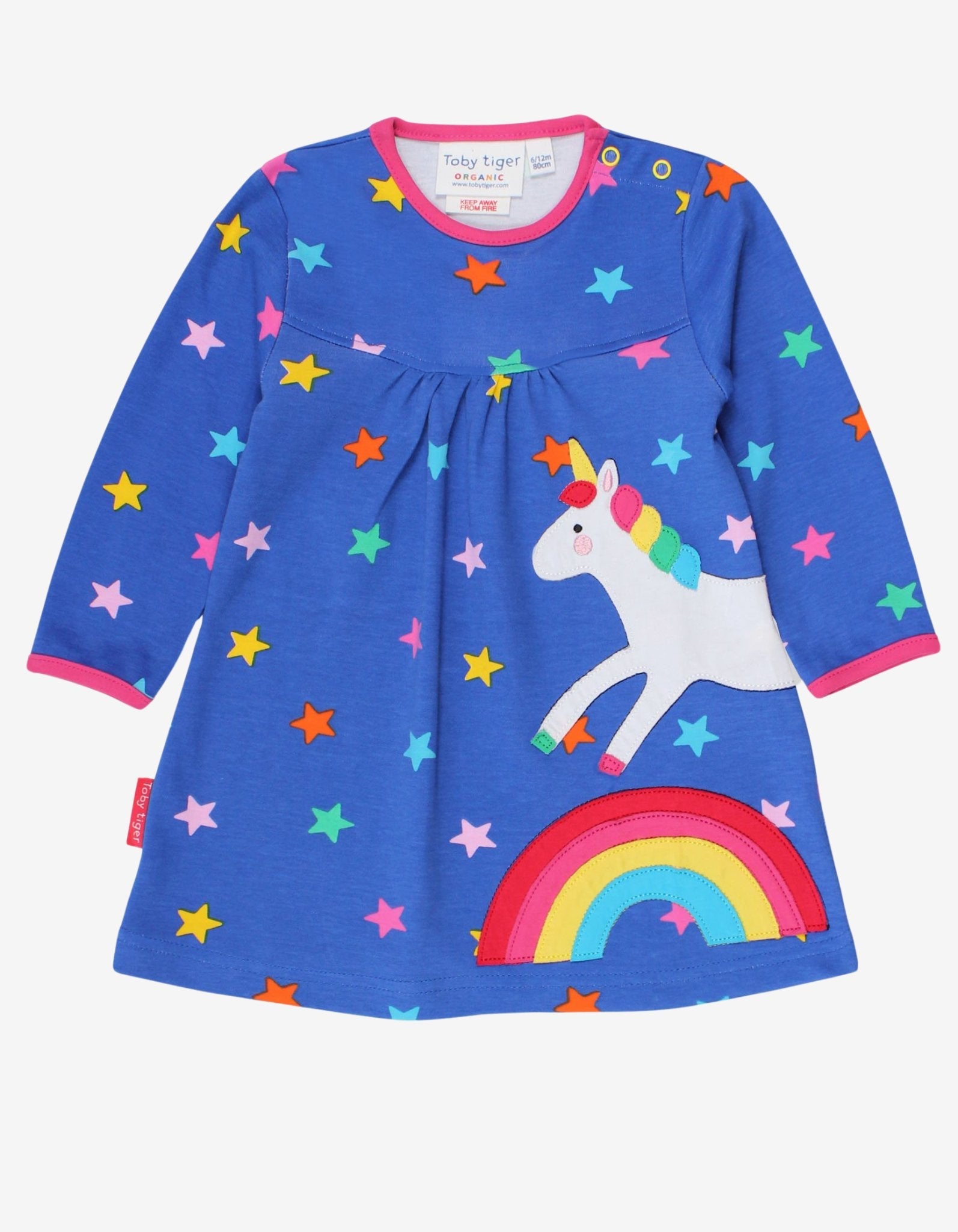 Dreamy Rainbow Unicorn and Starry Sky Dress for Babies in Soft Organic Cotton with Snap Buttons by Toby Tiger at brixbailey.com