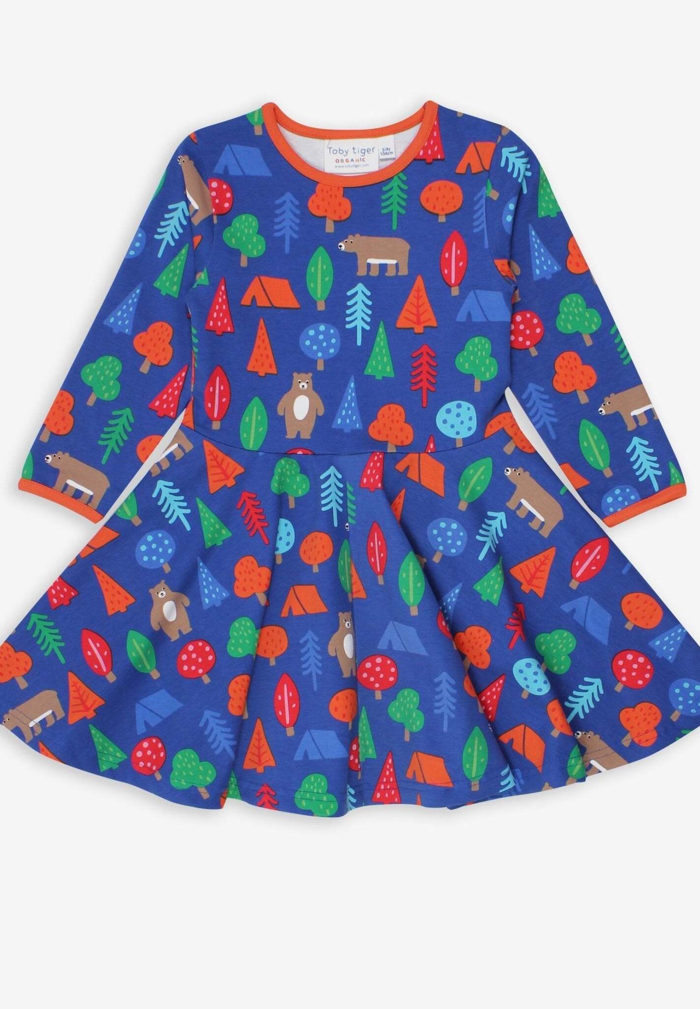 Premium skater dress with long sleeves and bear print, soft organic cotton, eco-friendly dyes, snap buttons, stylish wild adventure design by Toby Tiger at brixbailey.com