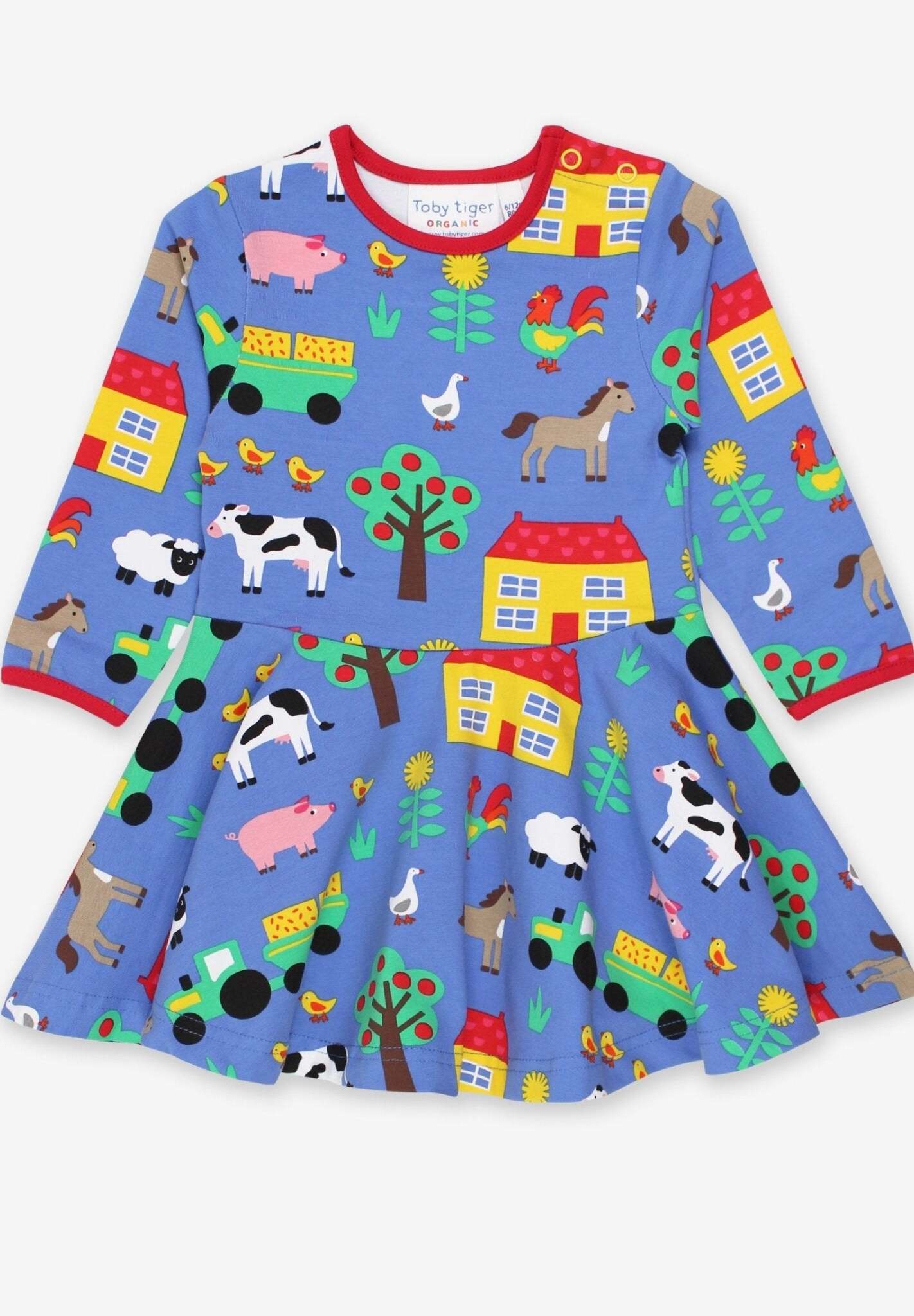 Colorful Farm Animal Print Skater Dress in Soft GOTS-Certified Organic Cotton, Stylish and Eco-Friendly Toddler Outfit by Toby Tiger at brixbailey.com