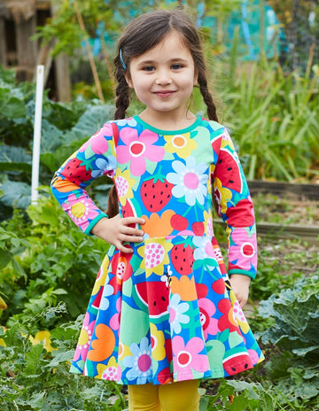 Stylish Long Sleeve Summer Skater Dress with Floral Fruit Print in GOTS Certified Organic Cotton by Toby Tiger at brixbailey.com