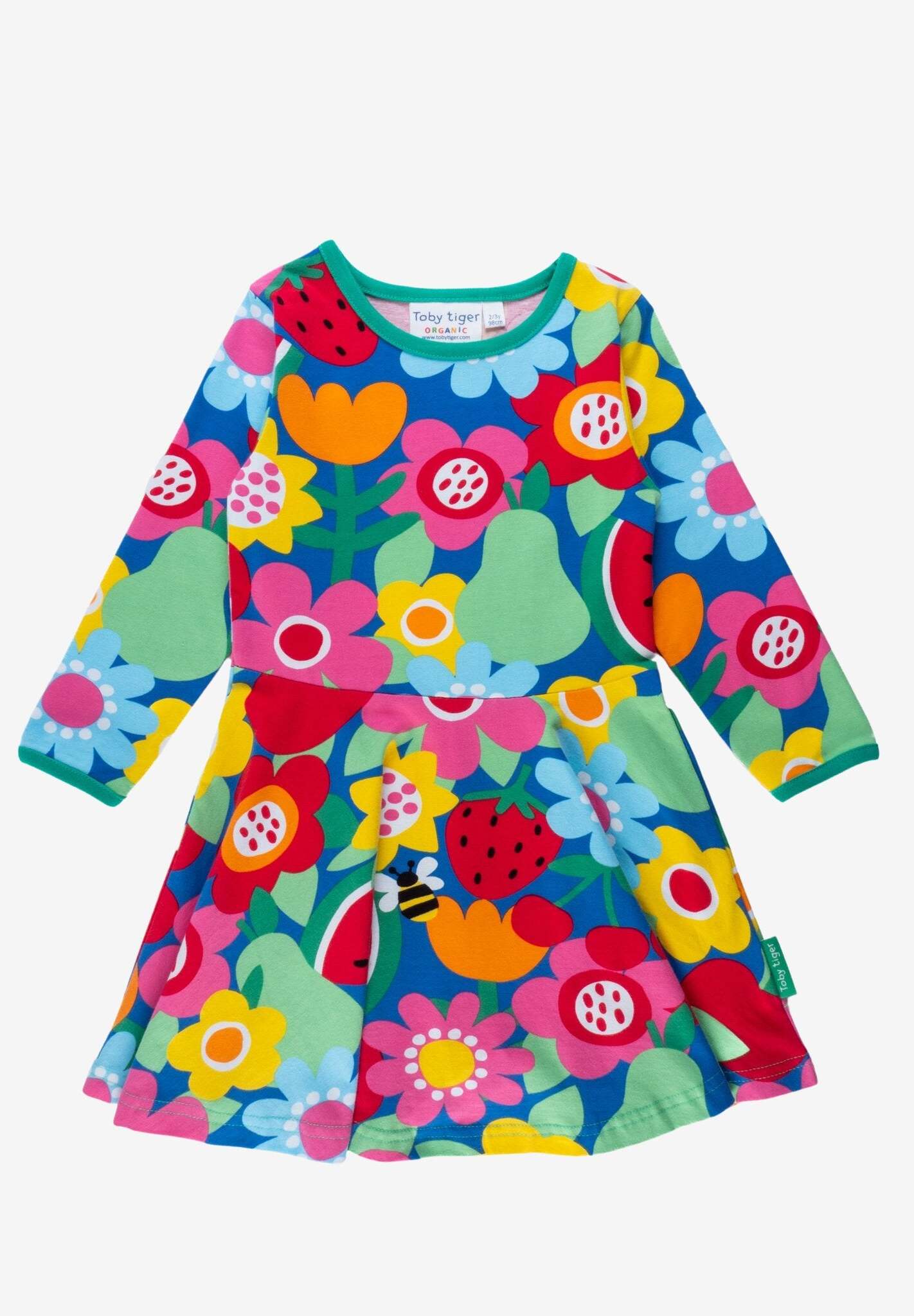Premium Long Sleeve Skater Dress with Floral Fruit Print, GOTS Certified Organic Cotton, Sustainable and Stylish by Toby Tiger at brixbailey.com