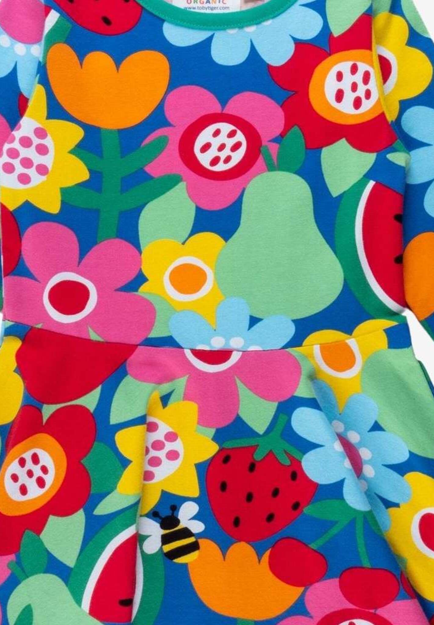 Premium Long Sleeve Skater Dress with Floral Fruit Print, GOTS Certified Organic Cotton, Sustainable Summer Fashion by Toby Tiger by Toby Tiger at brixbailey.com