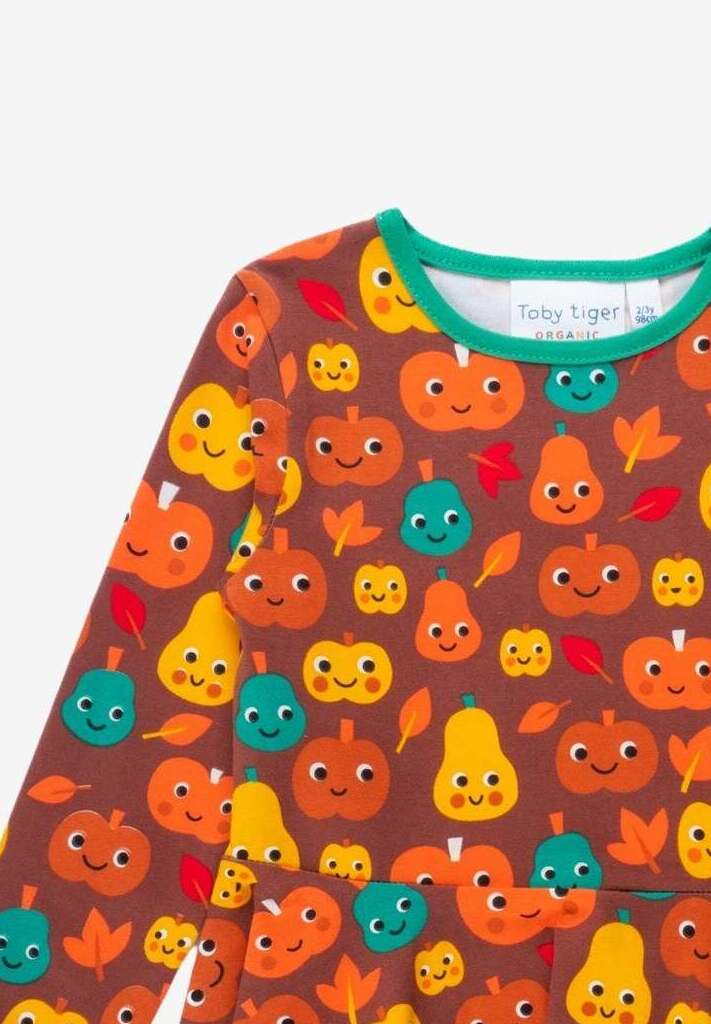 Premium organic cotton pumpkin print skater dress for kids, long sleeve soft Halloween outfit, GOTS certified eco-friendly by Toby Tiger at brixbailey.com