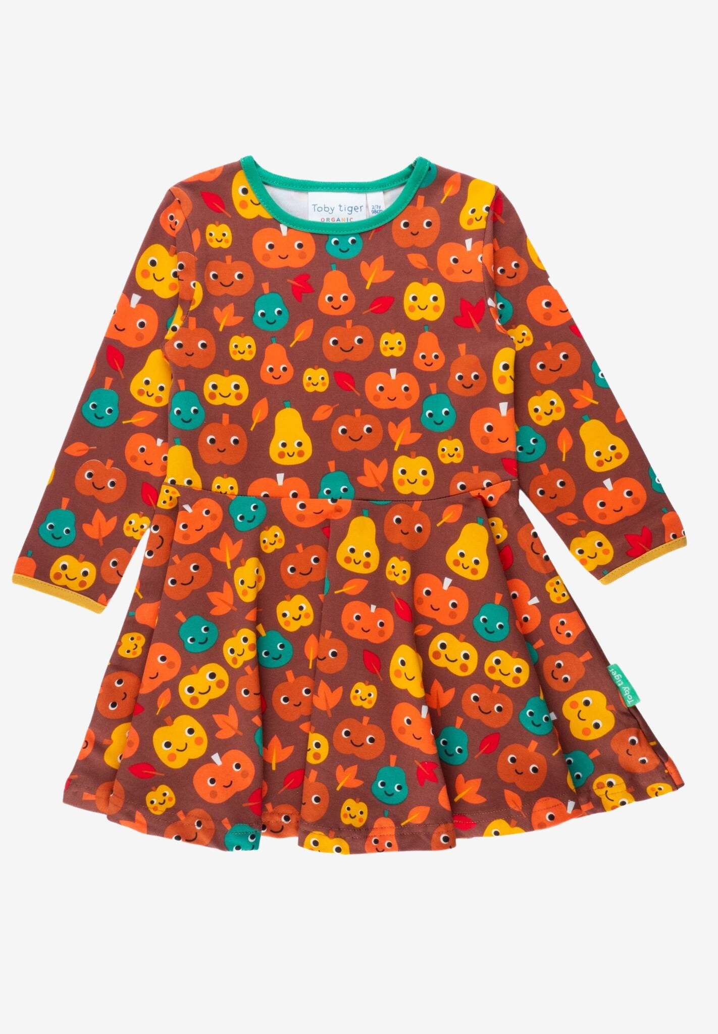 Premium organic cotton pumpkin skater dress for kids, long sleeve soft Halloween outfit, eco-friendly GOTS certified, baby to toddler sizes by Toby Tiger at brixbailey.com