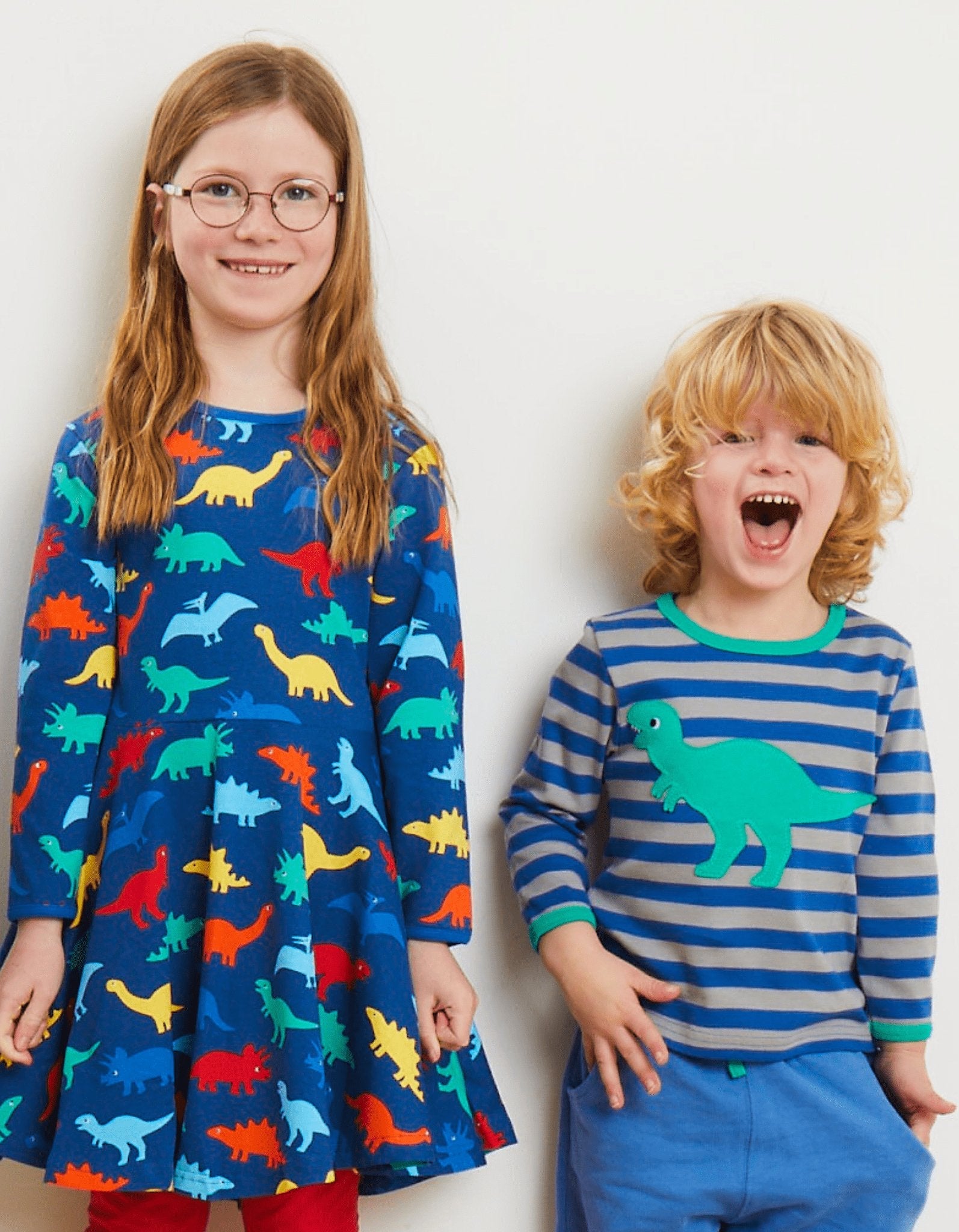 Organic Rainbow Dinosaur Skater Dress for Kids, Soft GOTS-Certified Cotton with Long Sleeves, Eco-Friendly Play Outfit by Toby Tiger at brixbailey.com