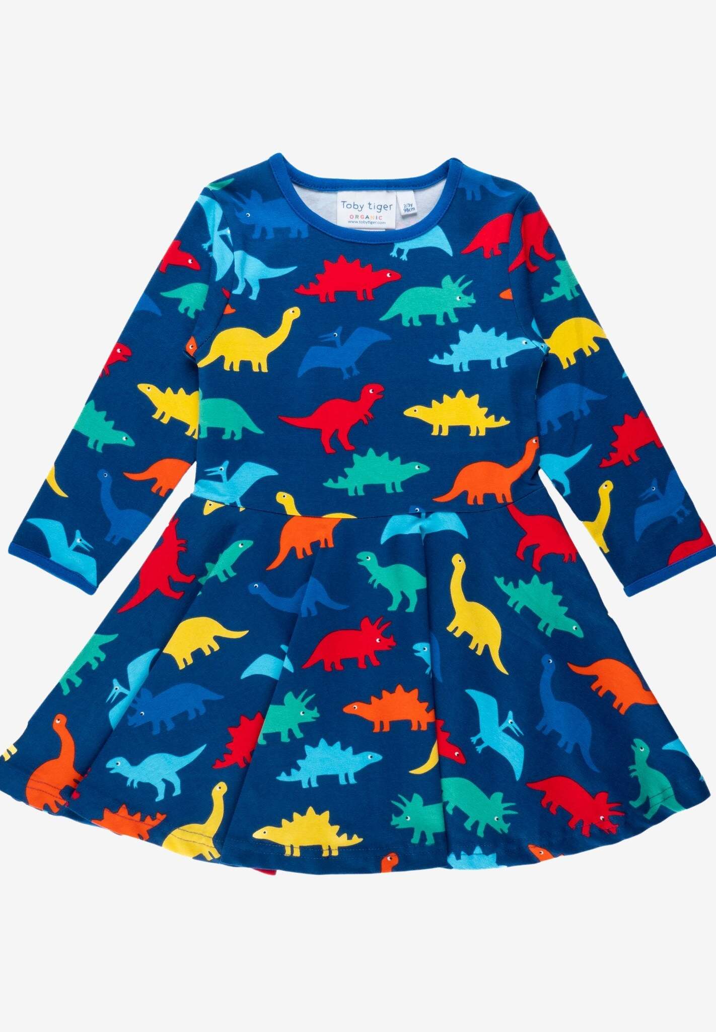 Colorful Dinosaur Print Organic Cotton Skater Dress for Kids, Soft Long Sleeve Eco-Friendly Play Outfit by Toby Tiger at brixbailey.com