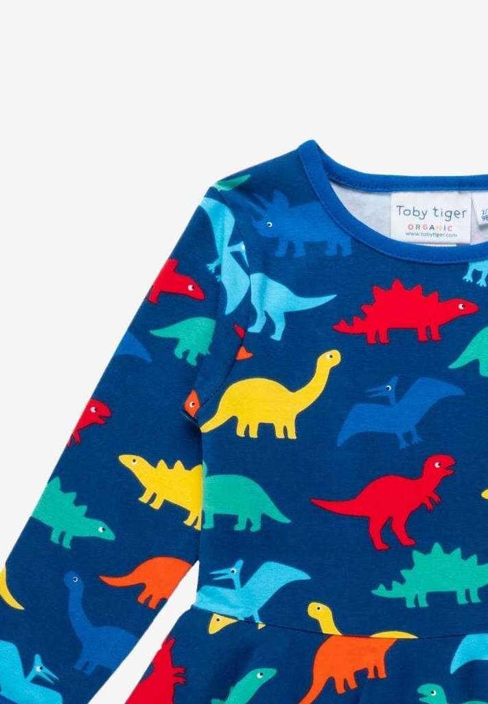 Colorful Dinosaur Skater Dress with Long Sleeves - Soft Organic Cotton Kids Outfit, Eco-Friendly Playwear by Toby Tiger at brixbailey.com