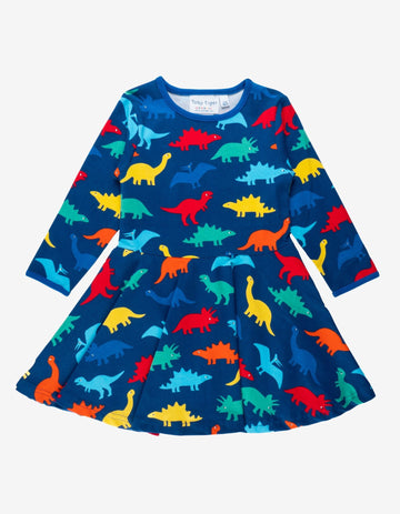 Colorful Dinosaur Skater Dress for Kids, Soft Organic Cotton with Long Sleeves, Eco-Friendly Play Outfit by Toby Tiger at brixbailey.com