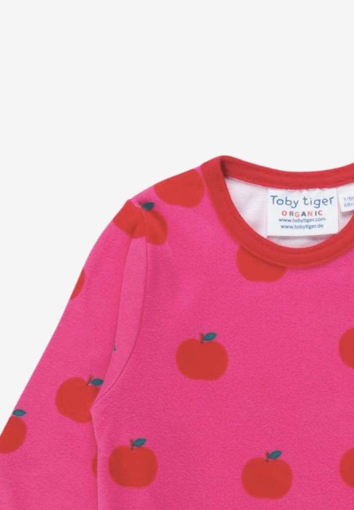 Organic Apple Print Long Sleeve Kids T-Shirt - Soft GOTS-Certified Cotton with Snap Buttons for Easy Dressing by Toby Tiger at brixbailey.com