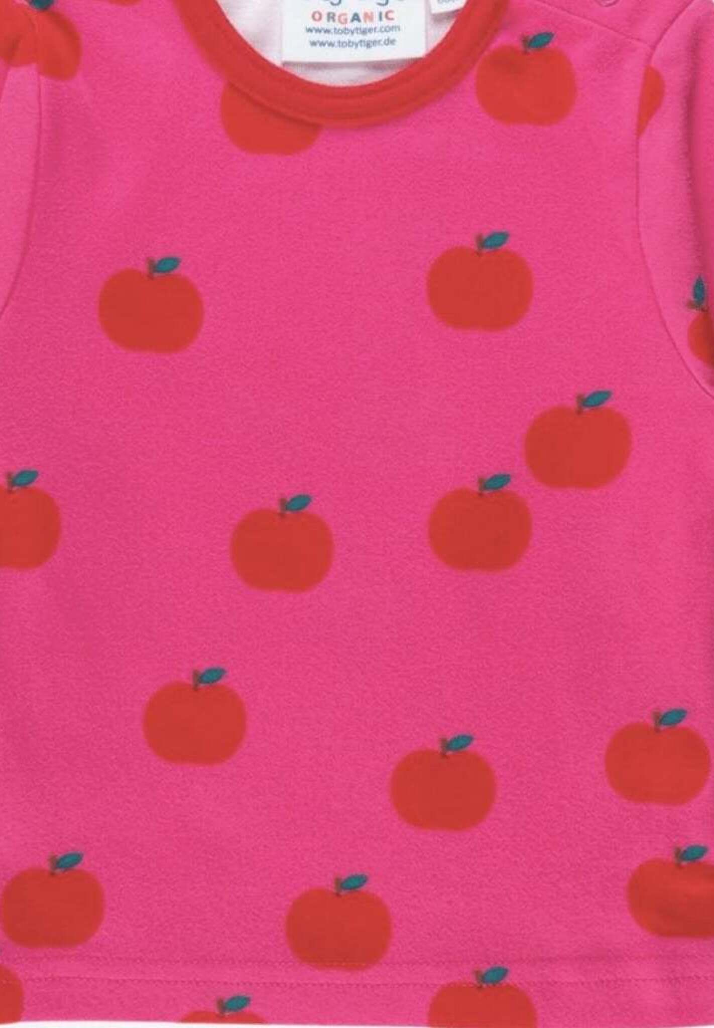 Organic Apple Print Long Sleeve Kids T-Shirt - Soft GOTS Certified Cotton with Snap Buttons for Easy Dressing by Toby Tiger at brixbailey.com