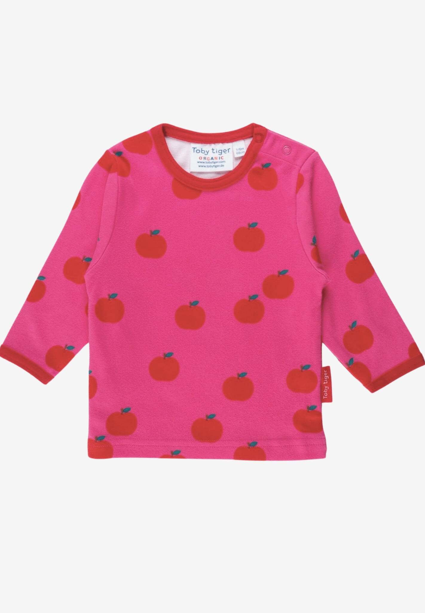 Organic Apple Print Long Sleeve Kids T-Shirt - Soft GOTS Certified Cotton with Snap Buttons for Easy Dressing by Toby Tiger at brixbailey.com
