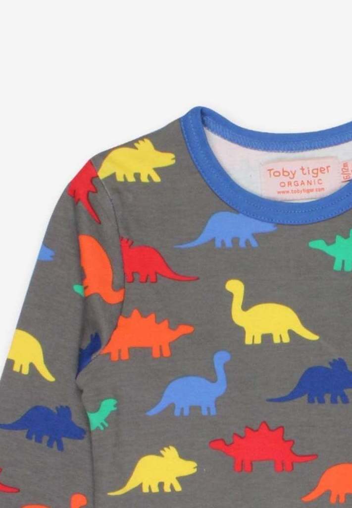 Soft Organic Cotton Long-Sleeve Dino Shirt for Kids with Snap Buttons, Eco-Friendly Gray Dinosaur Print by Toby Tiger at brixbailey.com
