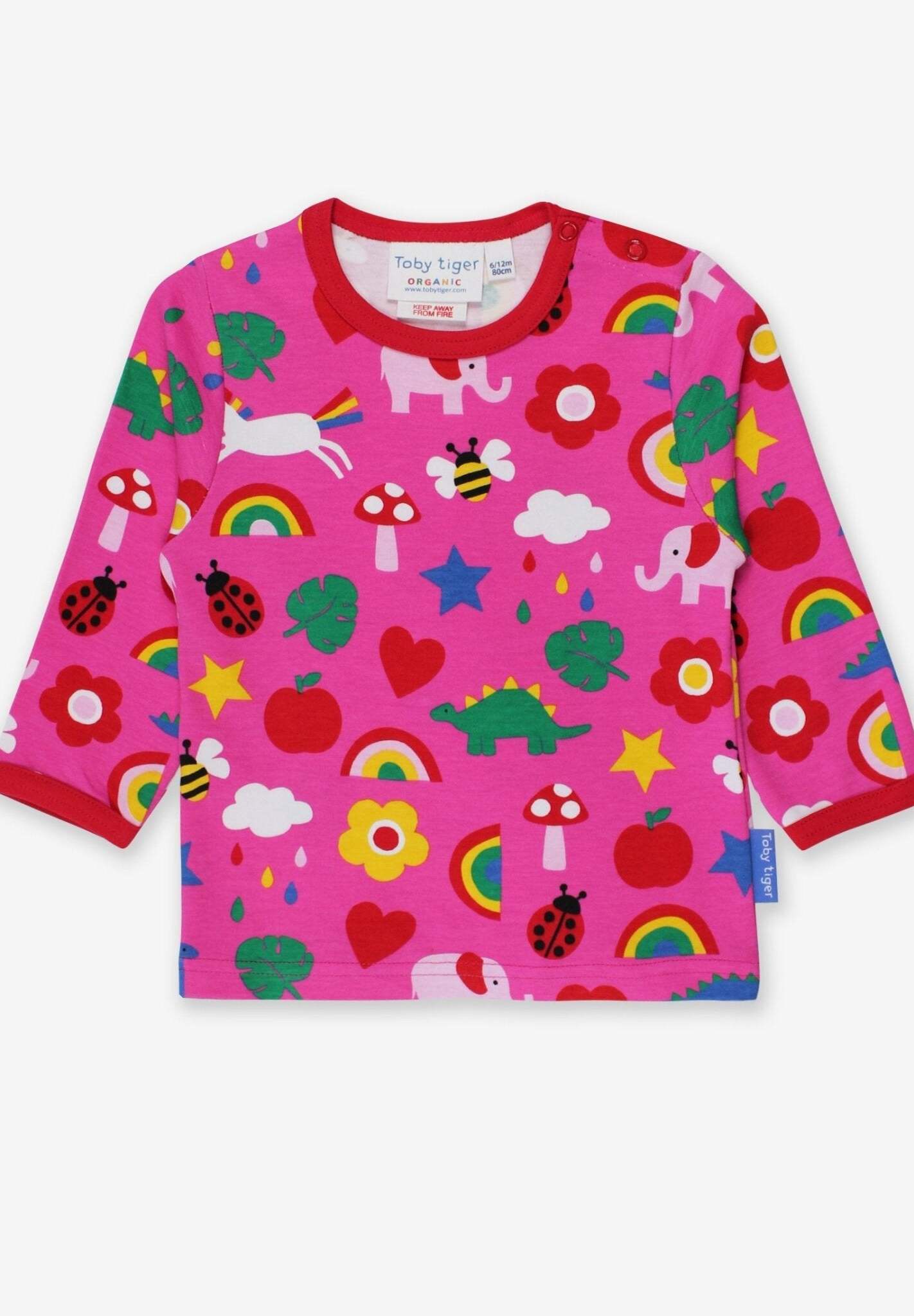Premium long sleeve baby shirt with colorful dinosaur unicorn elephant print, organic cotton, GOTS certified, snap button closure by Toby Tiger at brixbailey.com