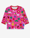 Premium long sleeve baby shirt with colorful dinosaur unicorn elephant print, sustainable organic cotton, snap button closure by Toby Tiger at brixbailey.com