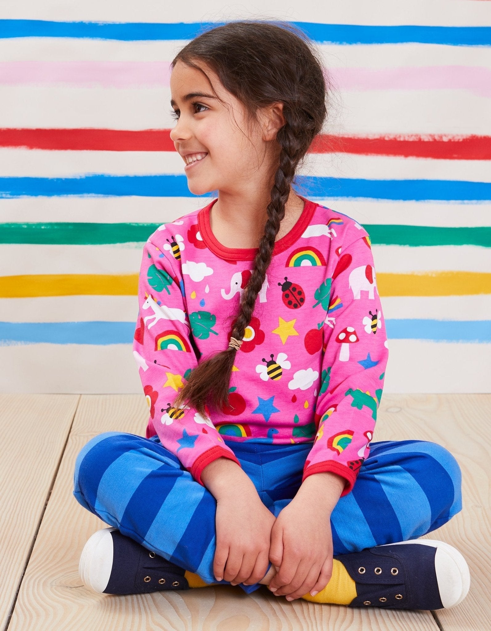 Premium long-sleeve baby shirt with colorful dinosaur unicorn elephant print, soft organic cotton, snap neck closure, Toby Tiger design by Toby Tiger at brixbailey.com