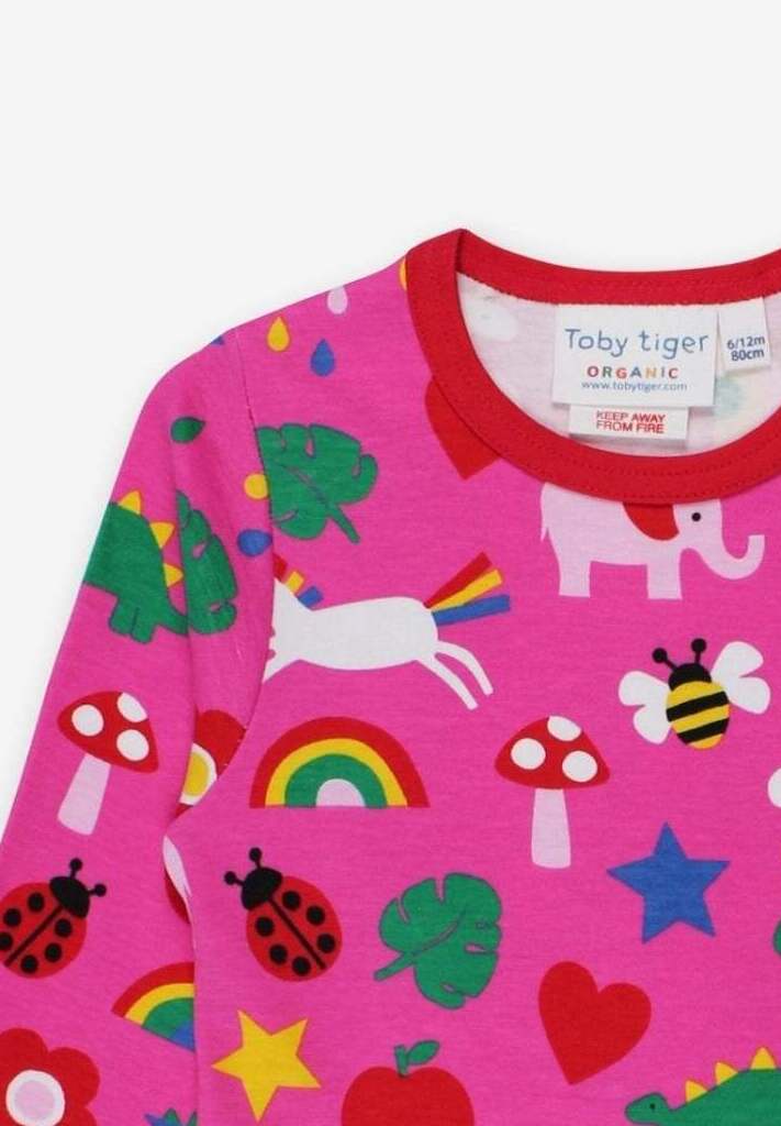 Premium long sleeve baby shirt with colorful dinosaur unicorn elephant print, organic cotton, stylish and comfortable, snap button closure by Toby Tiger at brixbailey.com
