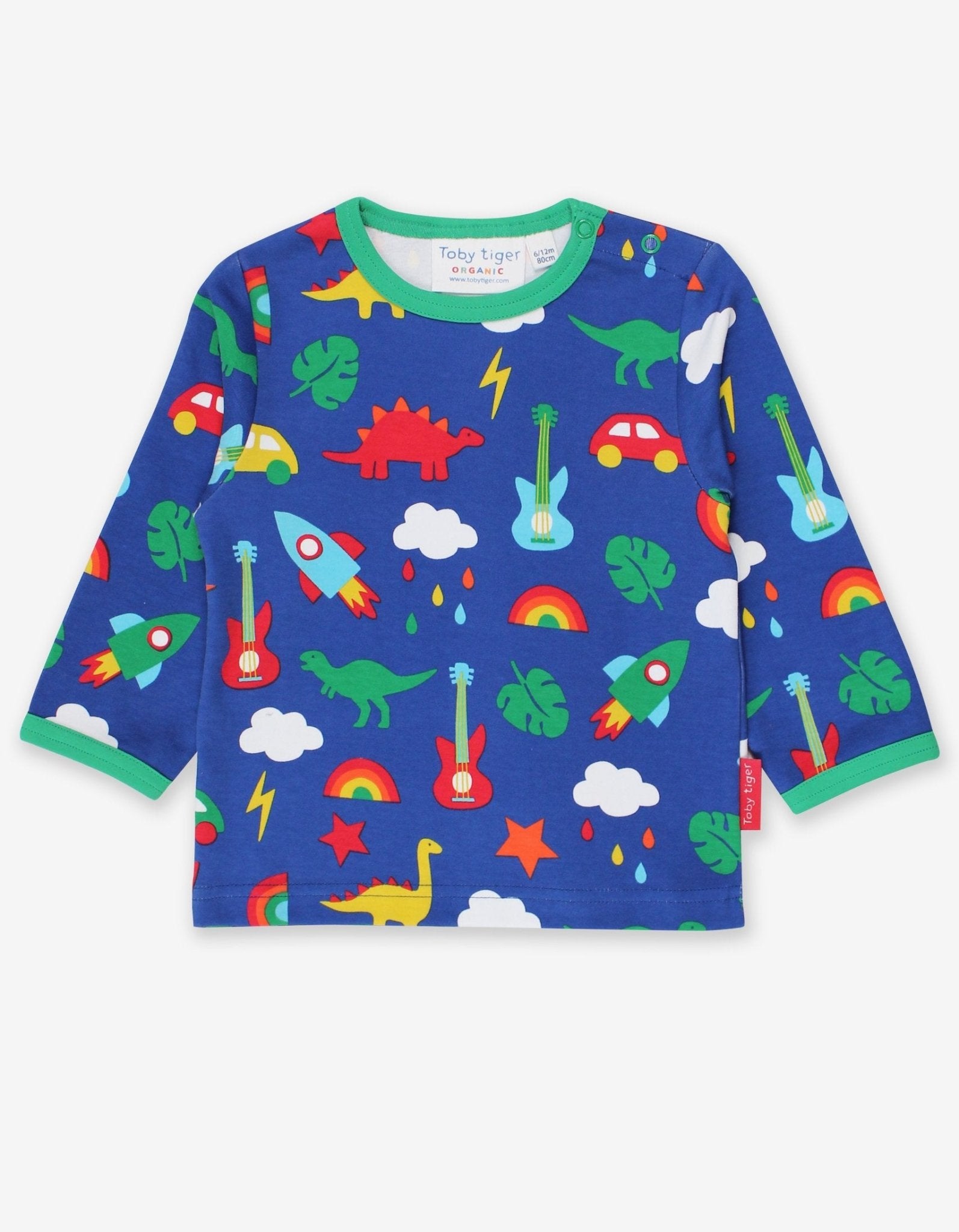 Premium long sleeve baby shirt with rocket, dino, and car print in soft organic cotton by Toby Tiger at brixbailey.com