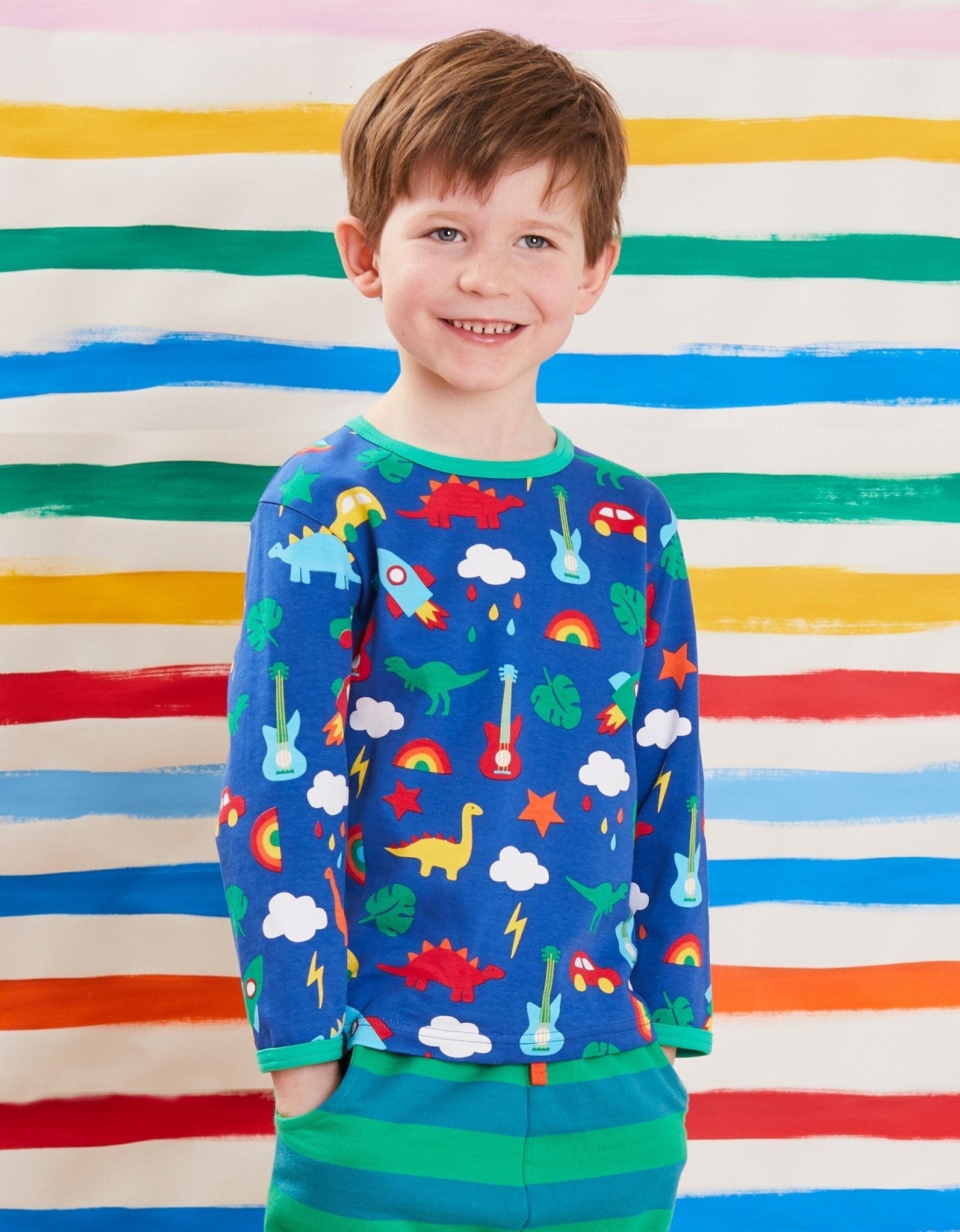 Premium baby long sleeve shirt with rocket, dino, and car print in soft organic cotton by Toby Tiger at brixbailey.com