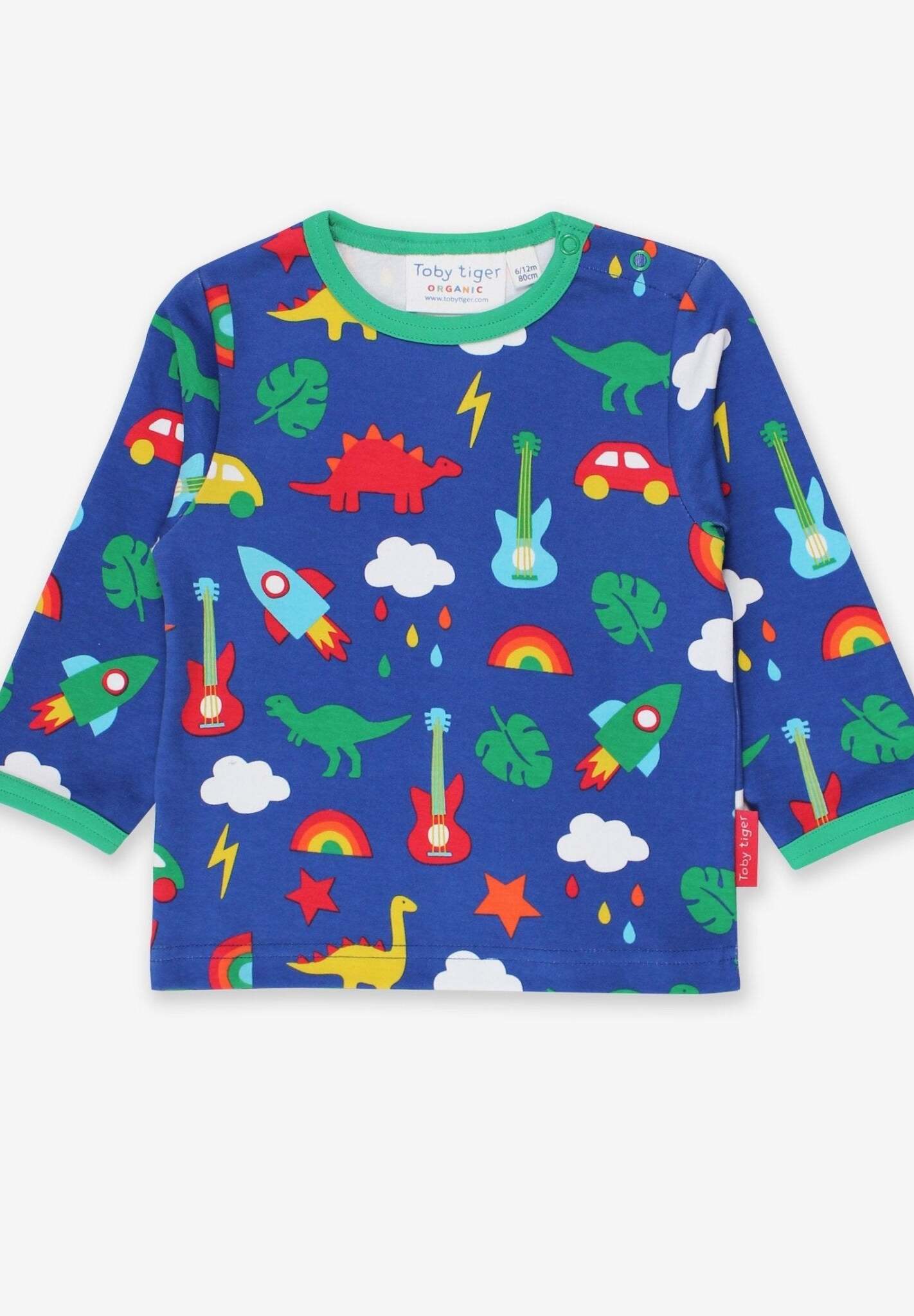 Premium baby long sleeve shirt with dinosaur, rocket, and car print in soft organic cotton by Toby Tiger at brixbailey.com