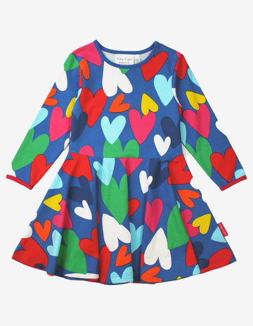 Stylish Organic Cotton Skater Dress with Hand-Drawn Heart Print, Blue Toby Tiger Kids Outfit, Soft GOTS-Certified Eco-Friendly Fabric by Toby Tiger at brixbailey.com