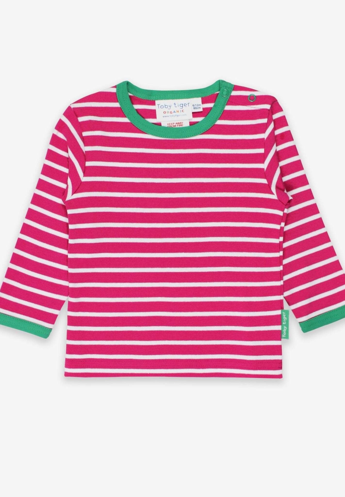 Pink and White Striped Organic Cotton Basic Shirt with Snap Buttons, Soft GOTS-Certified Eco-Friendly Fabric by Toby Tiger at brixbailey.com