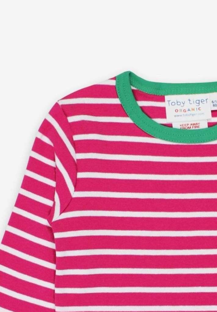 Pink and White Striped Organic Cotton Basic Shirt with Snap Buttons, Soft GOTS-Certified Fabric, Eco-Friendly Dye by Toby Tiger at brixbailey.com