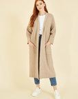 Yumi Oatmeal Knitted Maxi Cardigan With Pockets