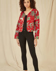 Yumi Red Animal Print Reversible Cotton Cropped Quilted Jacket