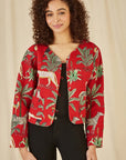 Yumi Red Animal Print Reversible Cotton Cropped Quilted Jacket