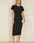 Yumi Black Ruched Waist Stretch Midi Dress