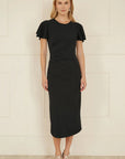 Yumi Black Ruched Waist Stretch Midi Dress